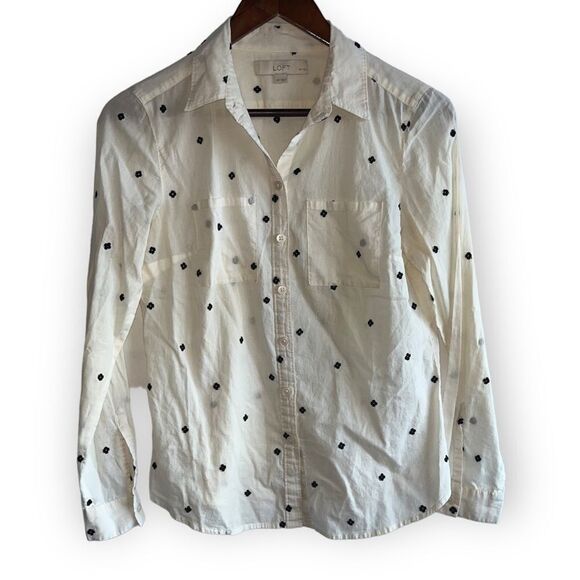 Women's Loft Cream & Black Embroidered Button Down Shirt - Picture 1 of 9